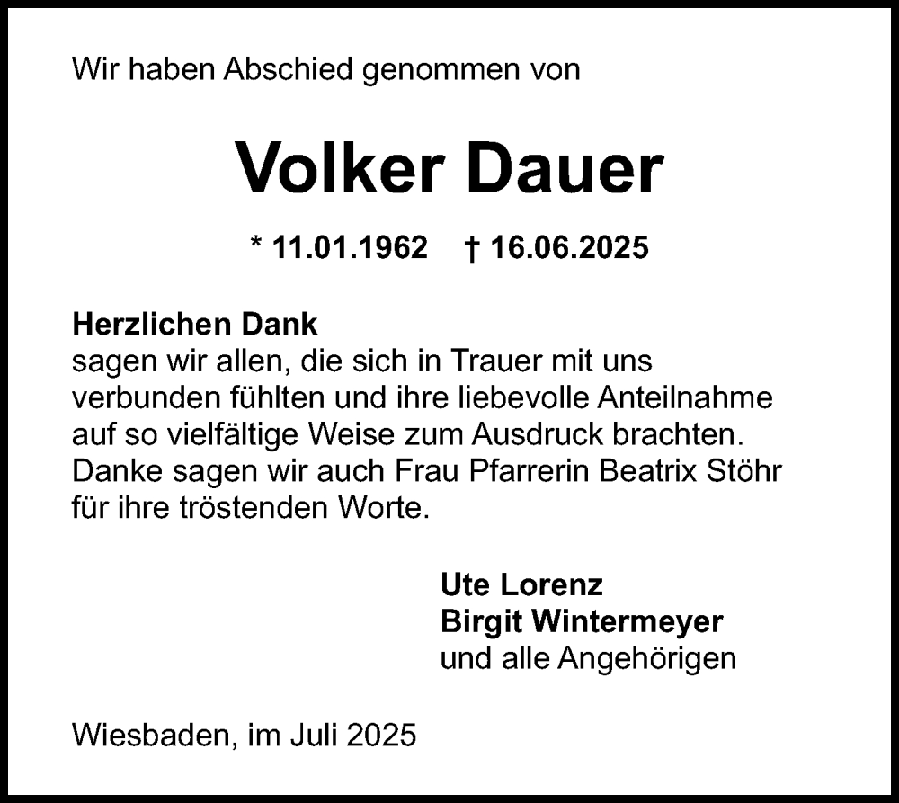  Traueranzeige für Volker Dauer vom 26.07.2025 aus Wiesbadener Kurier