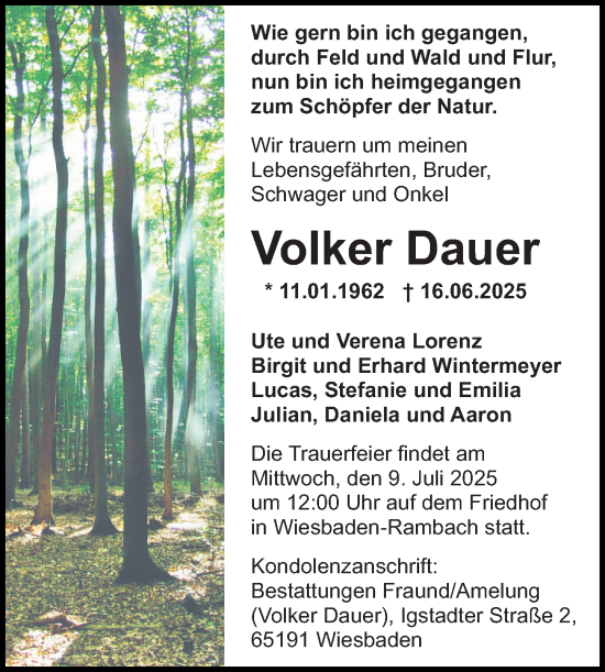 Traueranzeige von Volker Dauer von Wiesbadener Kurier