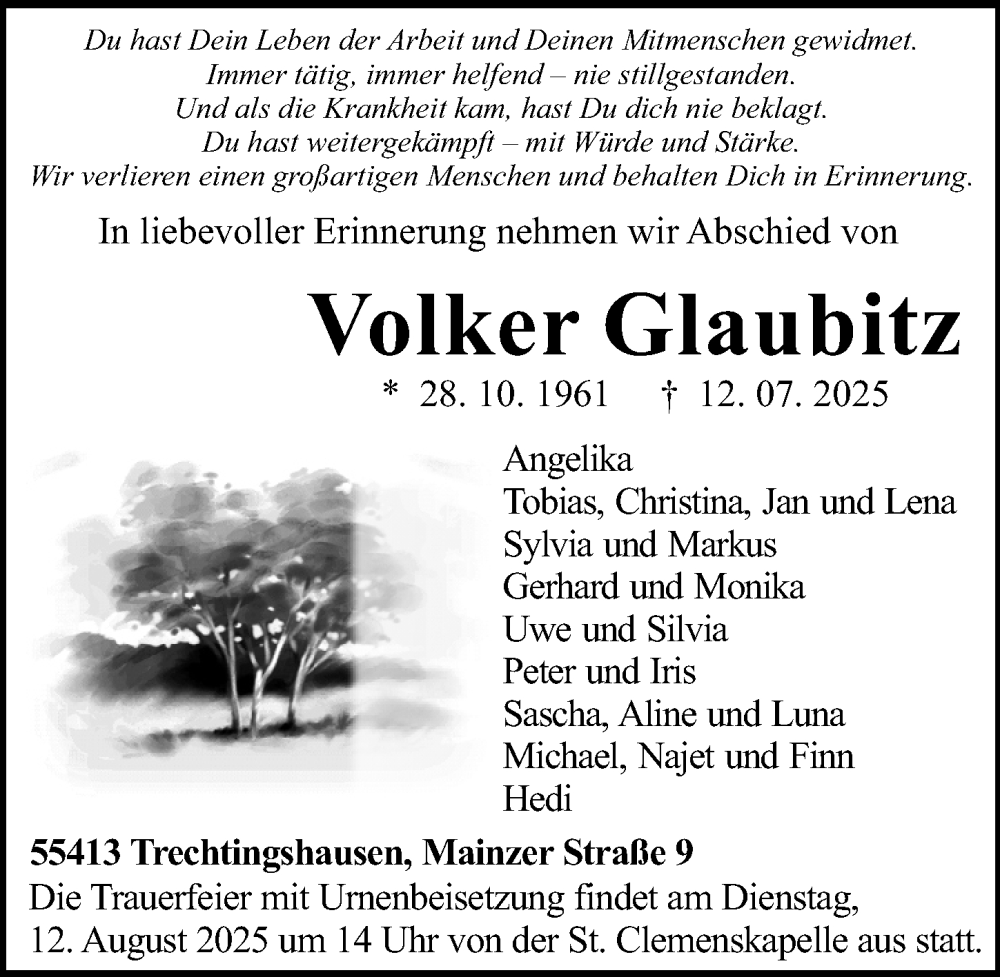  Traueranzeige für Volker Glaubitz vom 26.07.2025 aus Allgemeine Zeitung Rheinhessen-Nahe