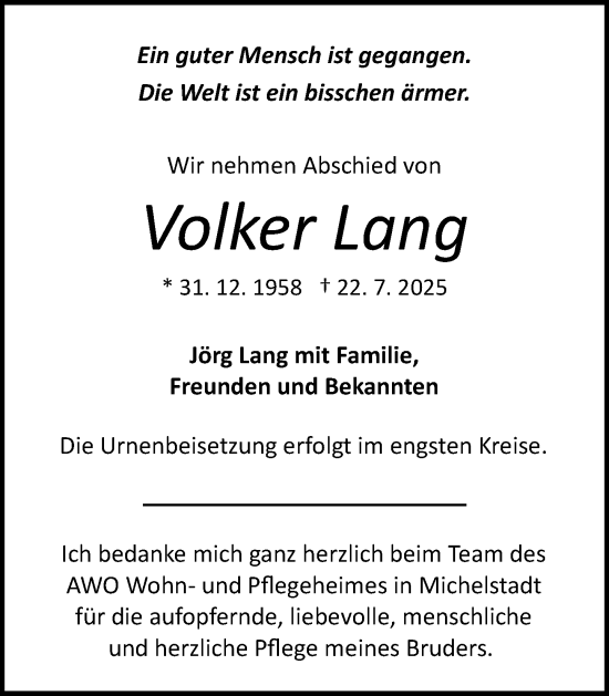 Traueranzeige von Volker Lang von Odenwälder Echo