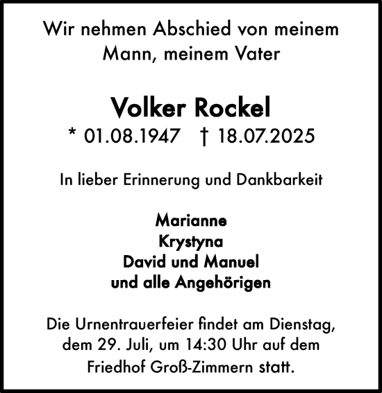 Traueranzeige von Volker Rockel von Darmstädter Echo