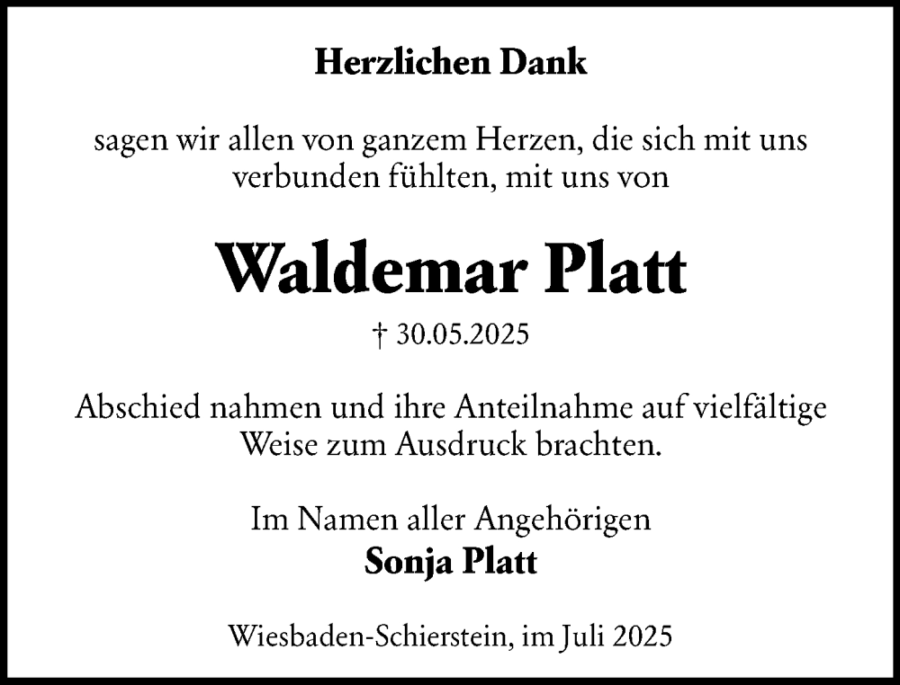  Traueranzeige für Waldemar Platt vom 19.07.2025 aus Wiesbadener Kurier