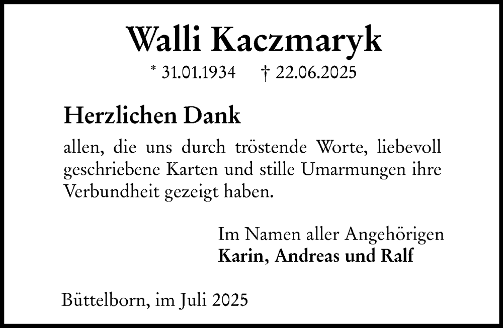  Traueranzeige für Walli Kaczmaryk vom 19.07.2025 aus Groß-Gerauer Echo