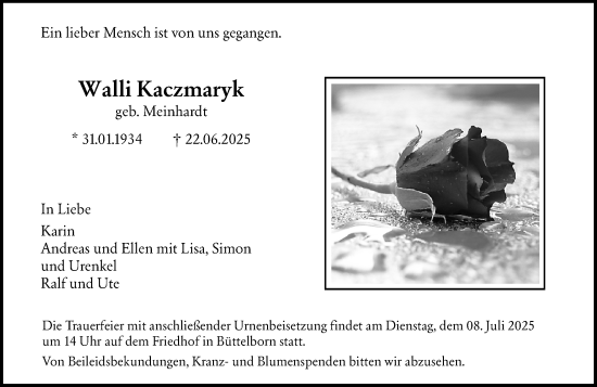 Traueranzeige von Walli Kaczmaryk von Groß-Gerauer Echo