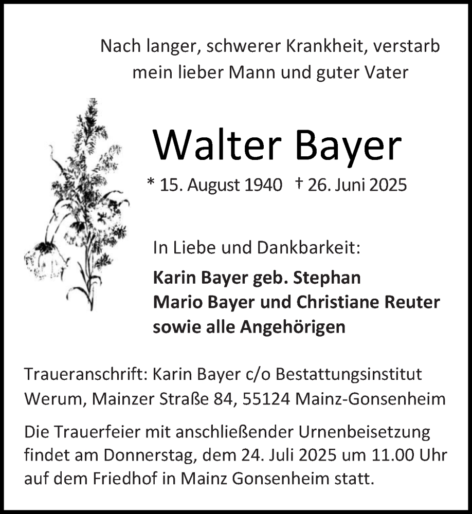  Traueranzeige für Walter Bayer vom 19.07.2025 aus Allgemeine Zeitung Mainz