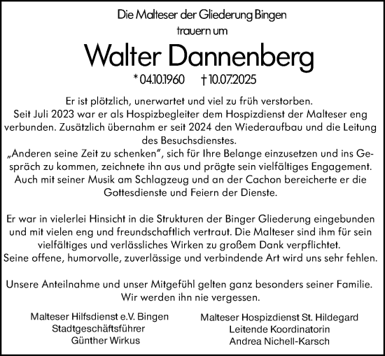 Traueranzeige von Walter Dannenberg von Allgemeine Zeitung Rheinhessen-Nahe