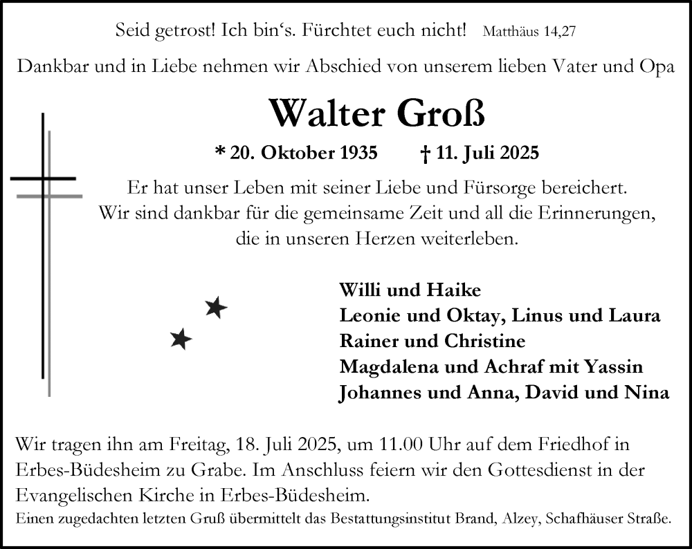  Traueranzeige für Walter Groß vom 16.07.2025 aus Allgemeine Zeitung Alzey
