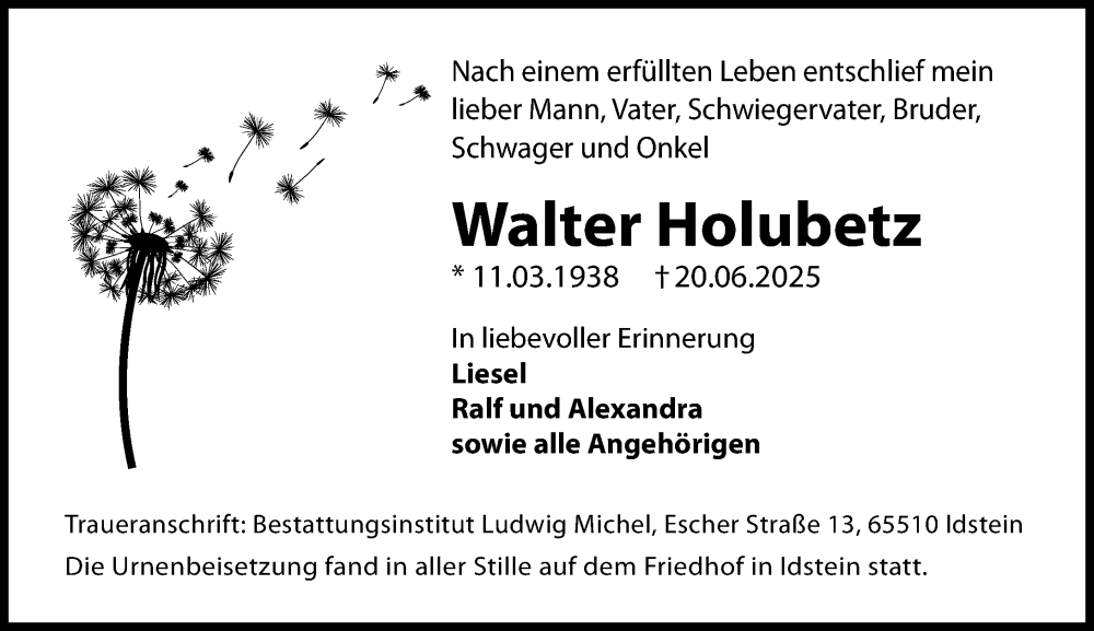  Traueranzeige für Walter Holubetz vom 19.07.2025 aus Idsteiner Land/Untertaunus