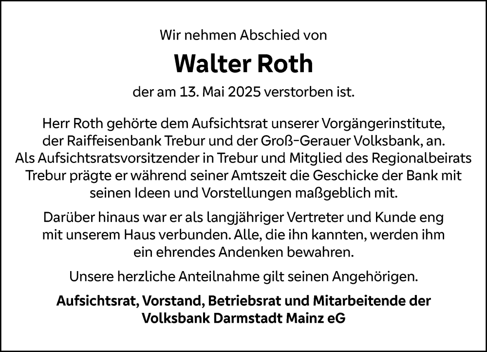  Traueranzeige für Walter Roth vom 10.07.2025 aus Darmstädter Echo