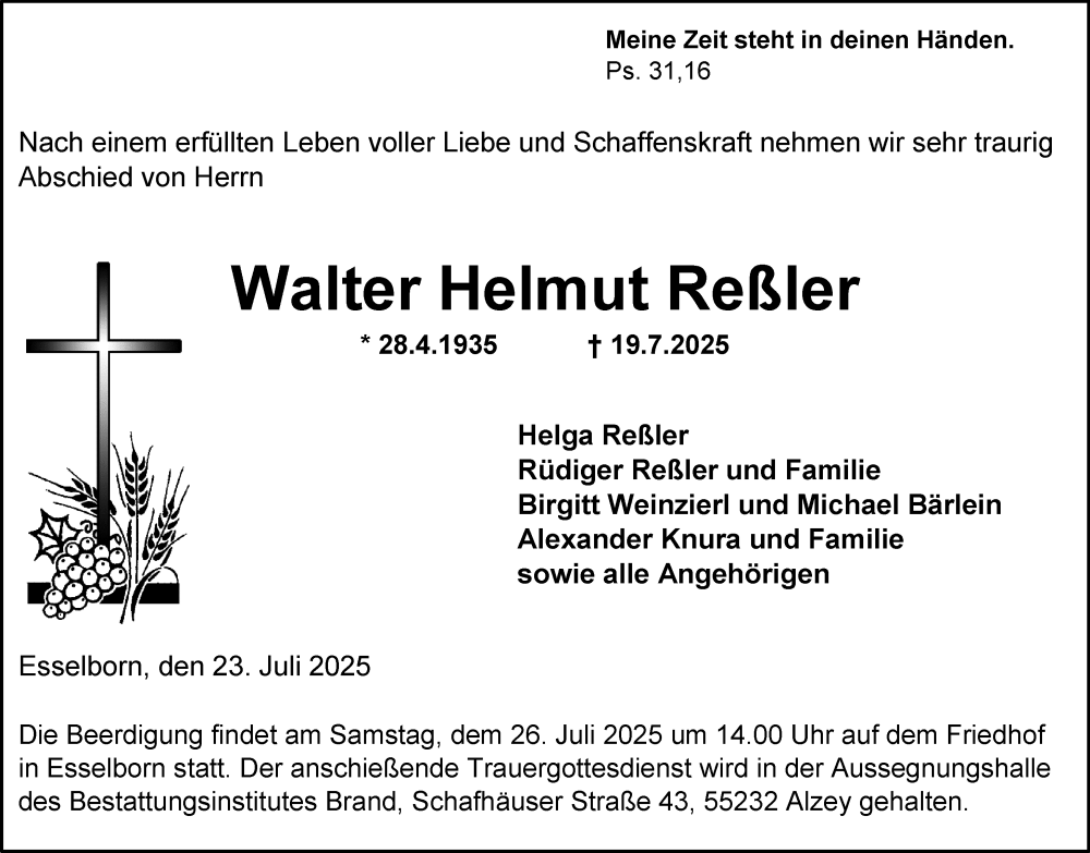  Traueranzeige für Walter Helmut Reßler vom 23.07.2025 aus Allgemeine Zeitung Alzey