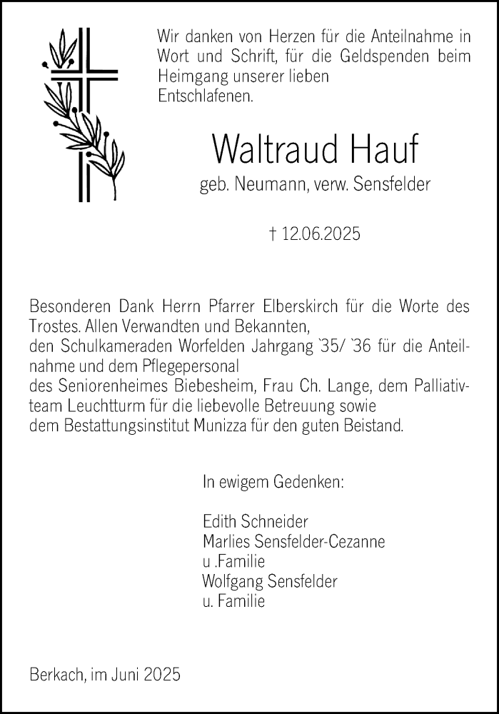  Traueranzeige für Waltraud Hauf vom 12.07.2025 aus Groß-Gerauer Echo