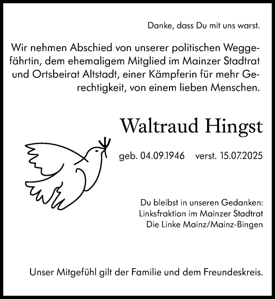 Traueranzeige von Waltraud Hingst von Allgemeine Zeitung Mainz