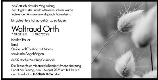 Traueranzeige von Waltraud Orth von Odenwälder Echo