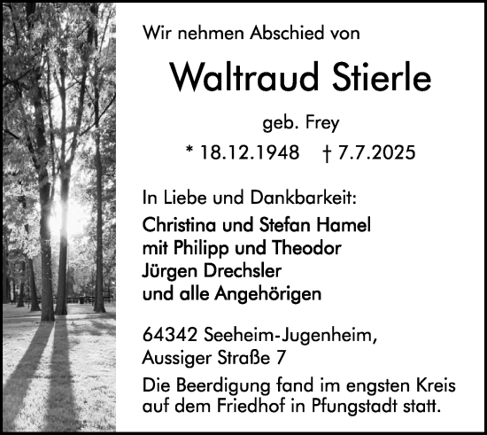 Traueranzeige von Waltraud Stierle von Darmstädter Echo