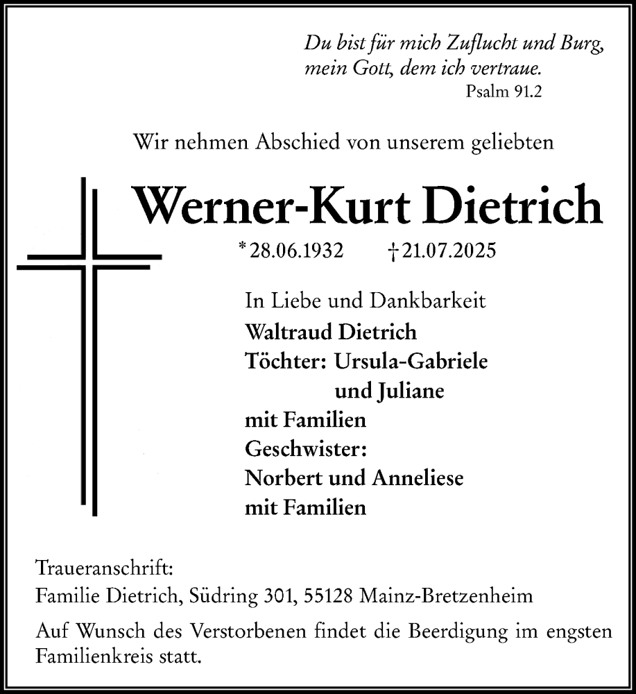  Traueranzeige für Werner-Kurt Dietrich vom 26.07.2025 aus Allgemeine Zeitung Mainz