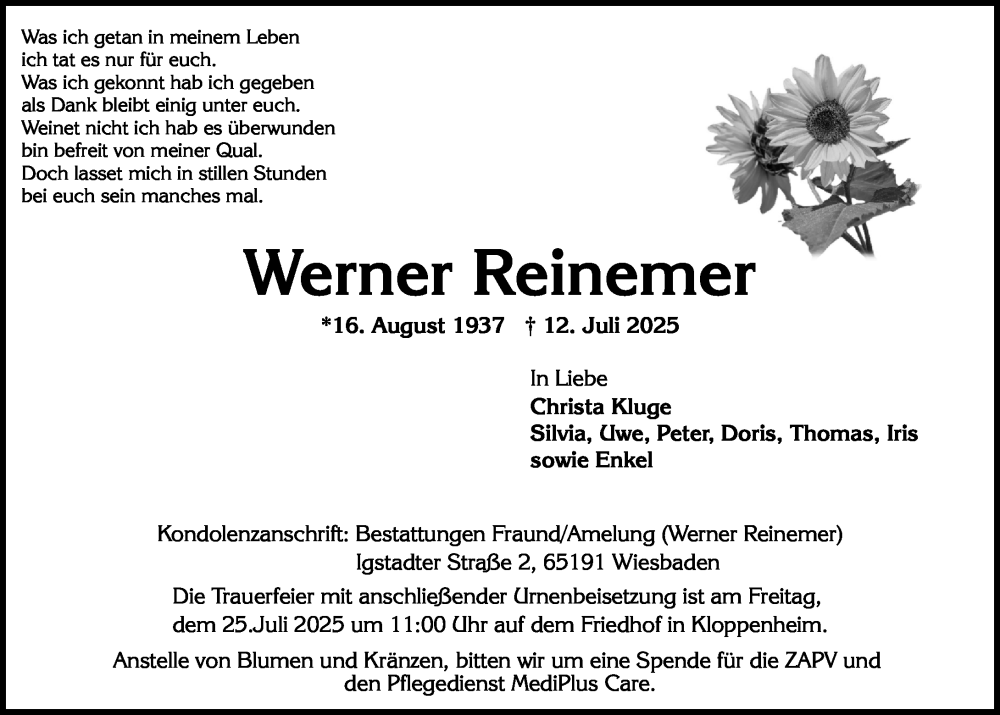  Traueranzeige für Werner Reinemer vom 19.07.2025 aus Wiesbadener Kurier