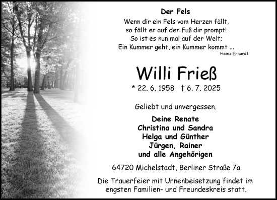 Traueranzeige von Willi Frieß von Odenwälder Echo