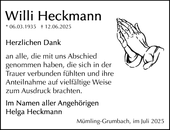 Traueranzeige von Willi Heckmann von Odenwälder Echo