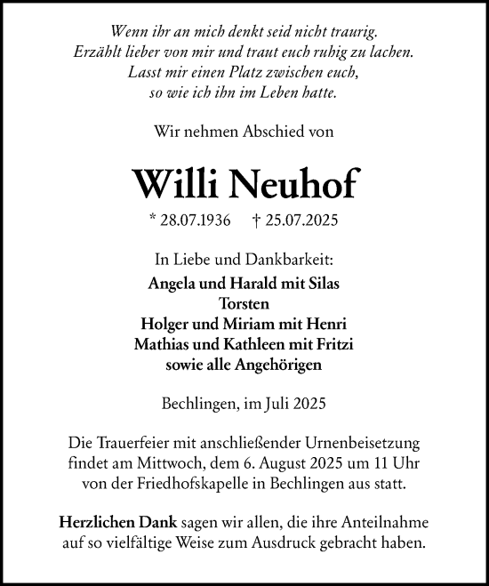 Traueranzeige von Willi Neuhof von Wetzlarer Neue Zeitung