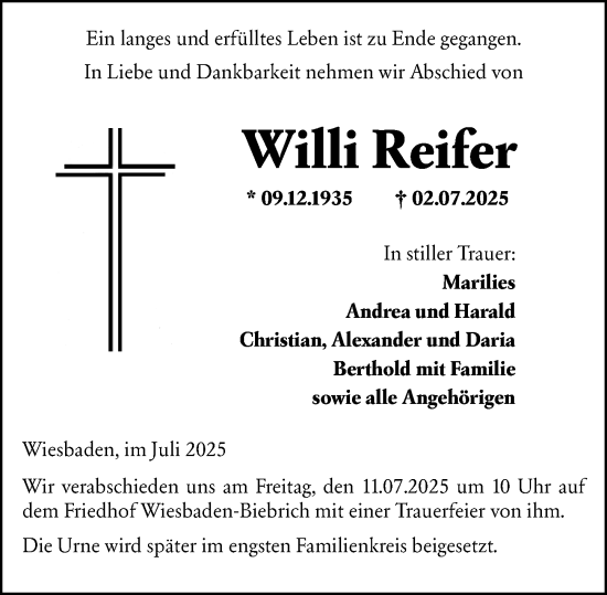 Traueranzeige von Willi Reifer von Wiesbadener Kurier
