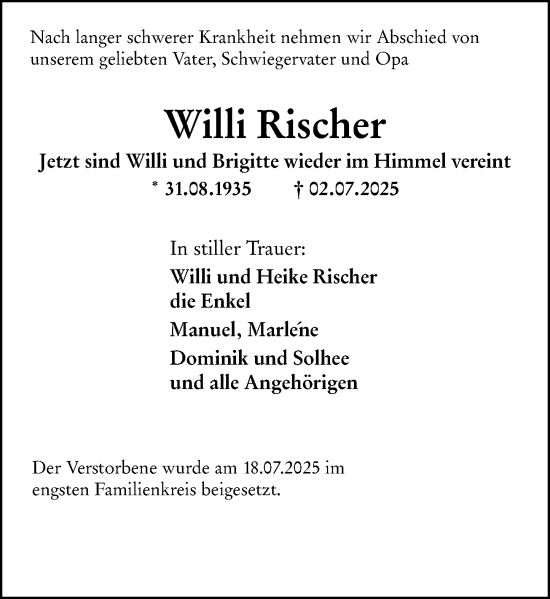 Traueranzeige von Willi Rischer von Wiesbadener Kurier