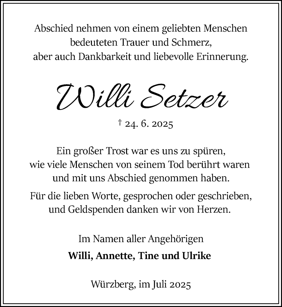  Traueranzeige für Willi Setzer vom 19.07.2025 aus Odenwälder Echo