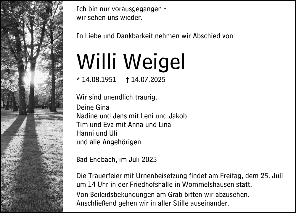  Traueranzeige für Willi Weigel vom 22.07.2025 aus Hinterländer Anzeiger