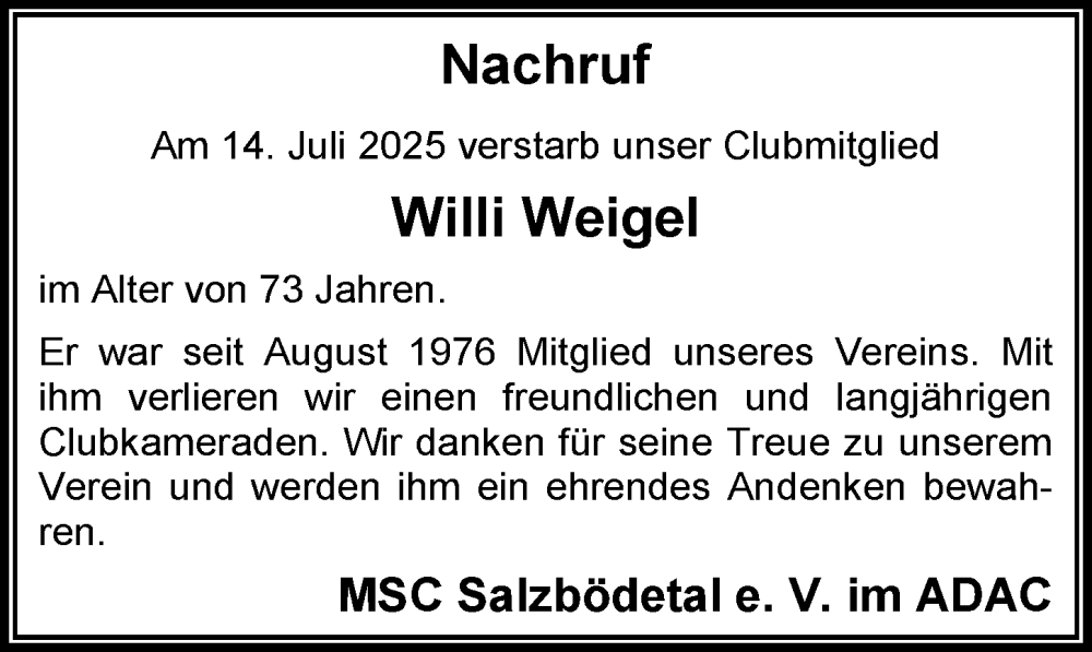  Traueranzeige für Willi Weigel vom 24.07.2025 aus Hinterländer Anzeiger