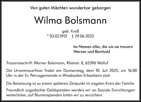 Traueranzeige von Wilma Bolsmann von Wiesbadener Kurier
