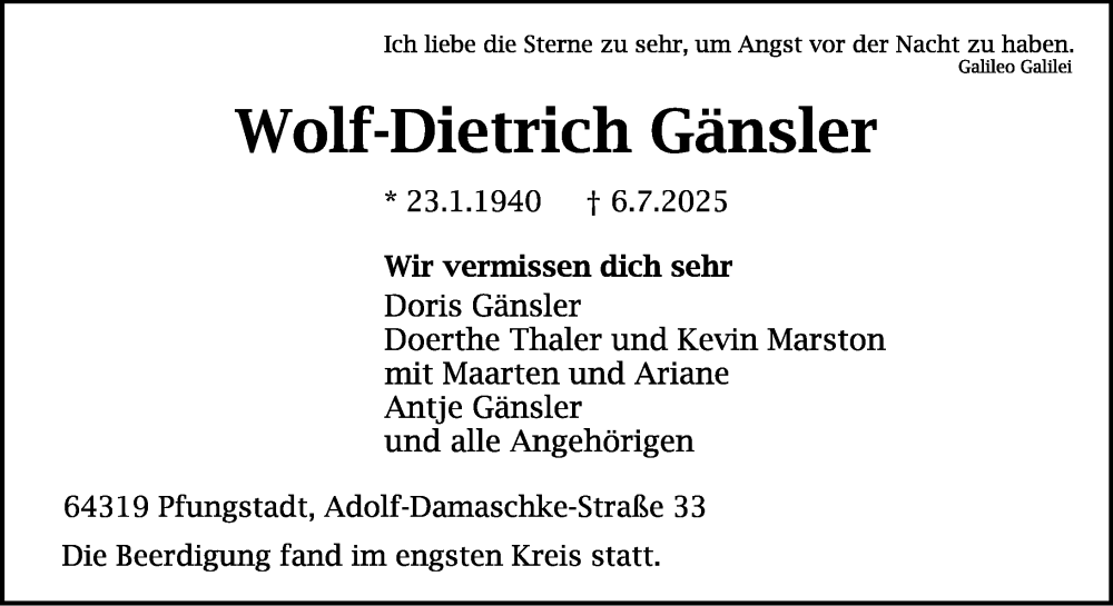  Traueranzeige für Wolf-Dietrich Gänsler vom 12.07.2025 aus Darmstädter Echo