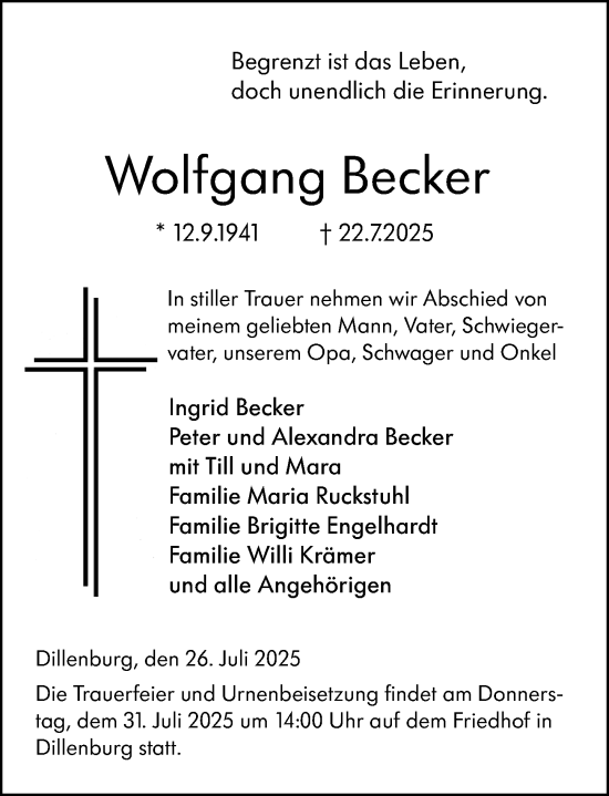 Traueranzeige von Wolfgang Becker von Dill Block