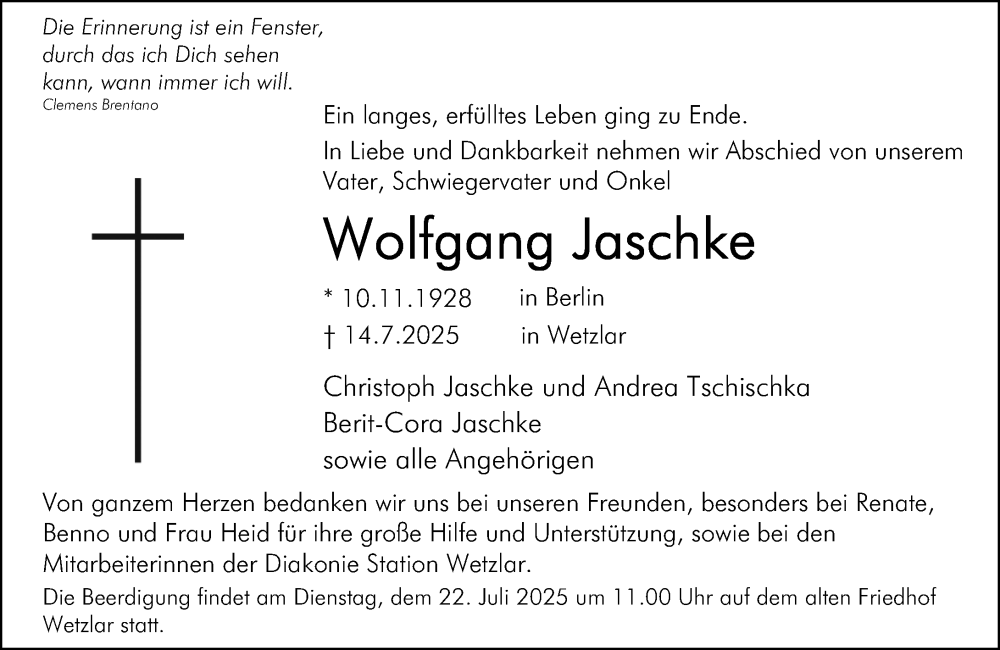  Traueranzeige für Wolfgang Jaschke vom 19.07.2025 aus Wetzlarer Neue Zeitung