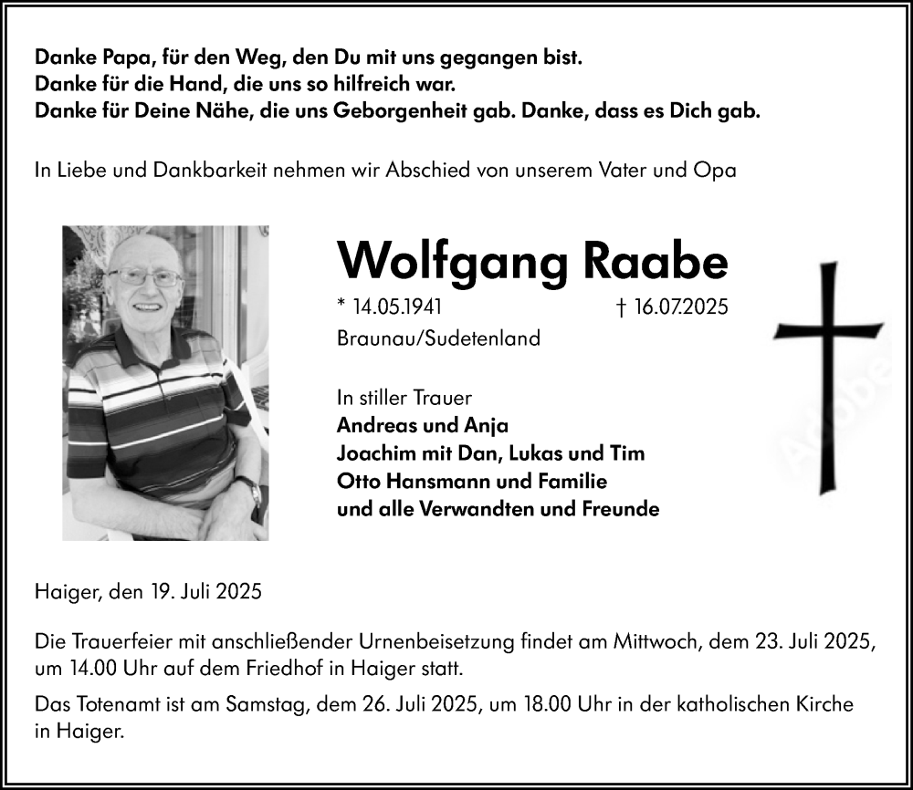  Traueranzeige für Wolfgang Raabe vom 19.07.2025 aus Dill Block