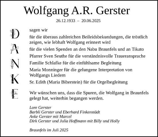 Traueranzeige von Wolfgang A.R. Gerster von Wetzlarer Neue Zeitung