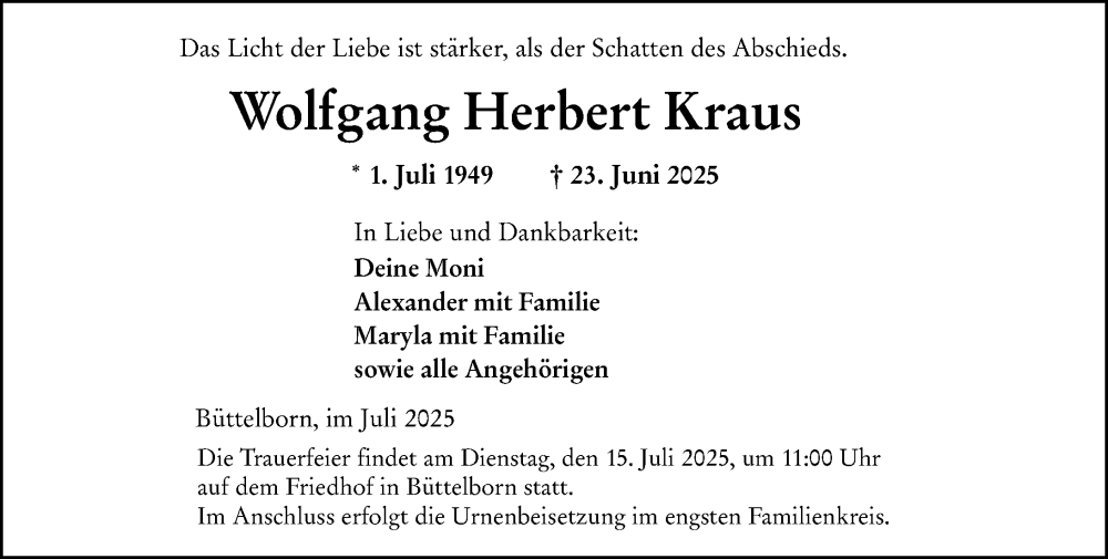  Traueranzeige für Wolfgang Herbert Kraus vom 12.07.2025 aus Groß-Gerauer Echo