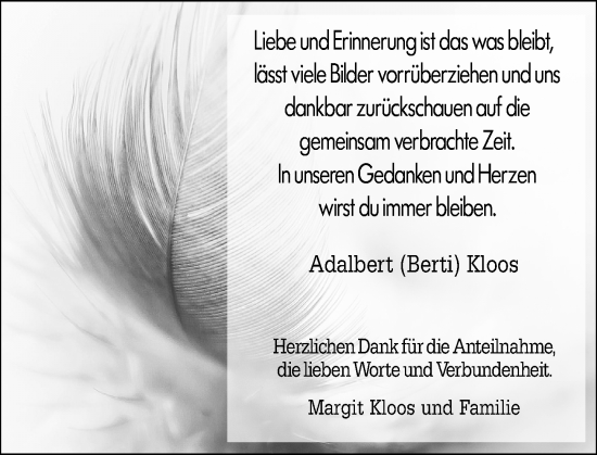Traueranzeige von Adalbert Kloos von Allgemeine Zeitung Mainz