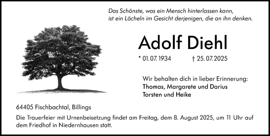 Traueranzeige von Adolf Diehl von Darmstädter Echo