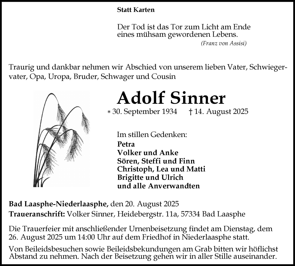  Traueranzeige für Adolf Sinner vom 20.08.2025 aus Hinterländer Anzeiger
