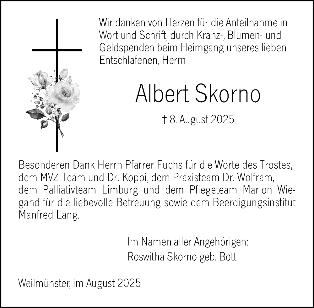  Traueranzeige für Albert Skorno vom 23.08.2025 aus Weilburger Tageblatt