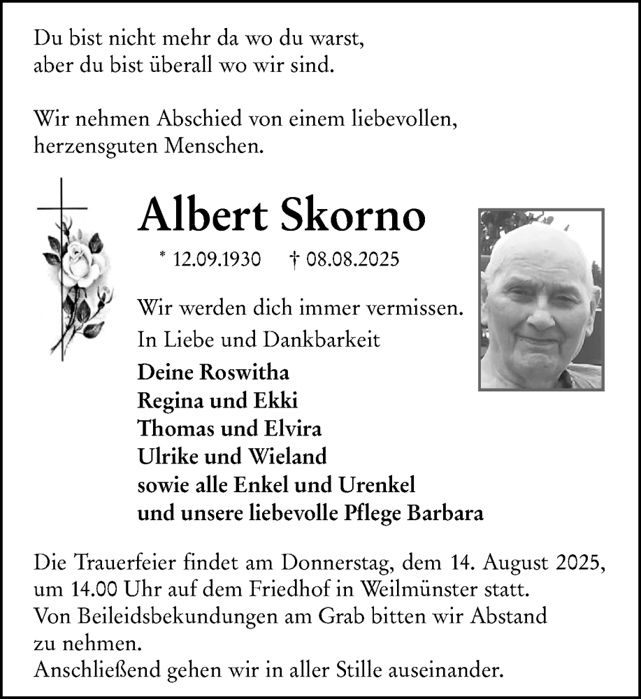  Traueranzeige für Albert Skorno vom 12.08.2025 aus Weilburger Tageblatt