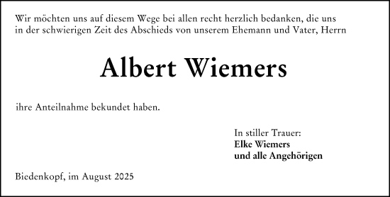 Traueranzeige von Albert Wiemers von Hinterländer Anzeiger