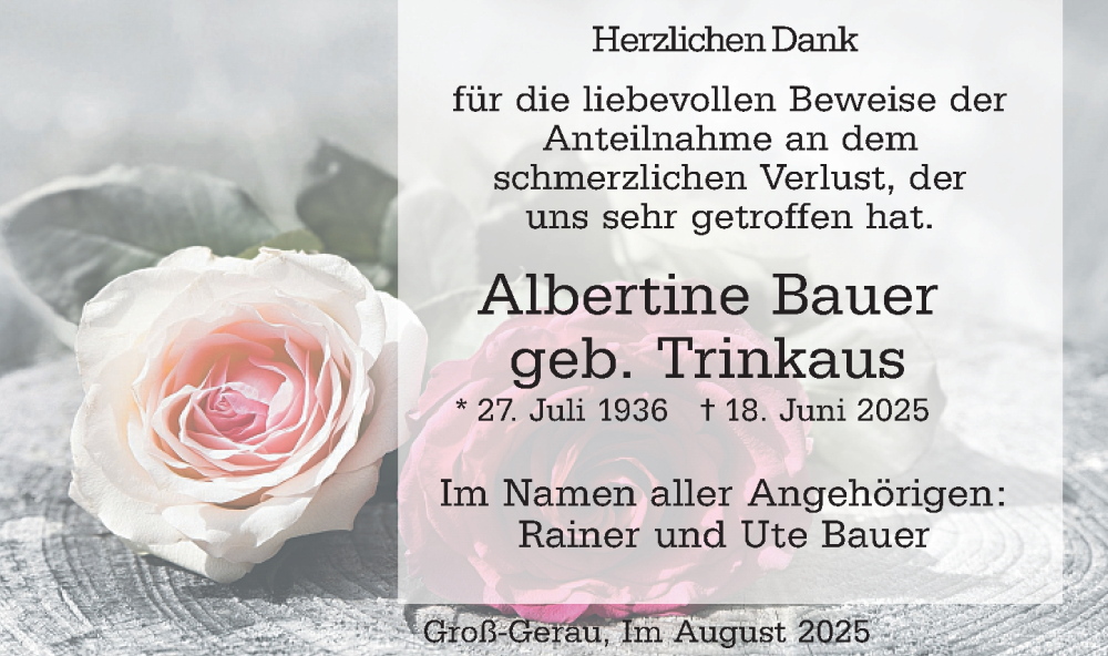  Traueranzeige für Albertine Bauer vom 20.08.2025 aus Groß-Gerauer Echo