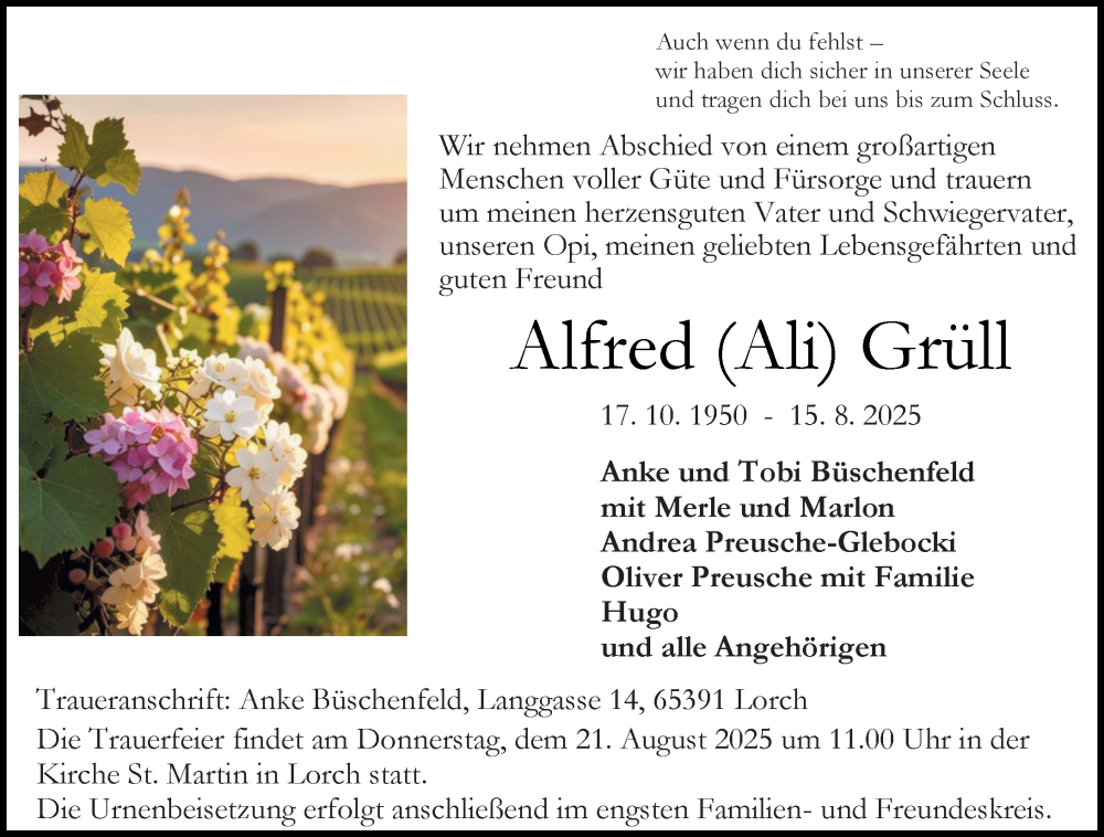  Traueranzeige für Alfred Grüll vom 19.08.2025 aus Rheingau Kurier