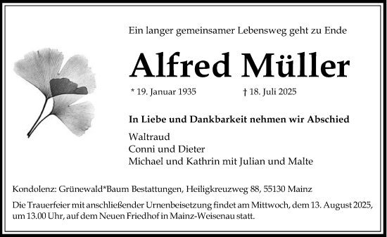 Traueranzeige von Alfred Müller von Allgemeine Zeitung Mainz