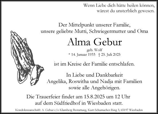 Traueranzeige von Alma Gebur von Wiesbadener Kurier