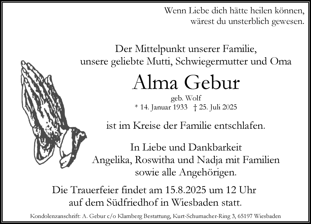  Traueranzeige für Alma Gebur vom 09.08.2025 aus Wiesbadener Kurier