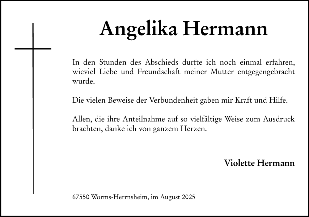  Traueranzeige für Angelika Hermann vom 02.08.2025 aus Wormser Zeitung