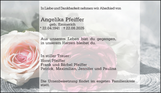 Traueranzeige von Angelika Pfeiffer von Hochheimer Zeitung