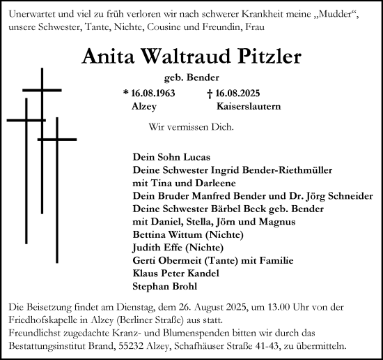 Traueranzeige von Anita Waltraud Pitzler von Allgemeine Zeitung Alzey