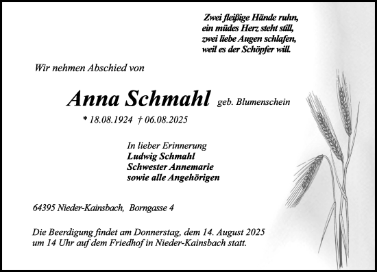 Traueranzeige von Anna Schmahl von Odenwälder Echo